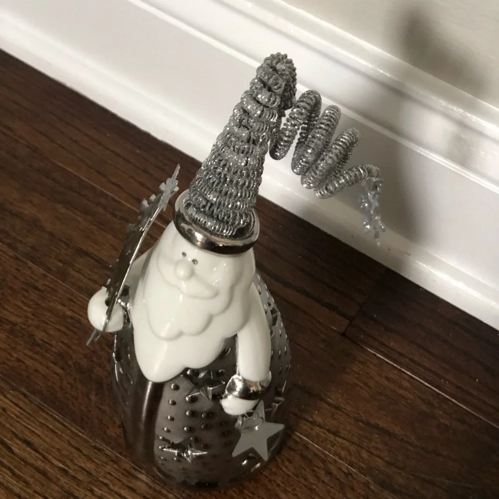 Pier 1 Imports 8” Silver/White Glittery Hat Santa Claus Tea Light Candle Holder